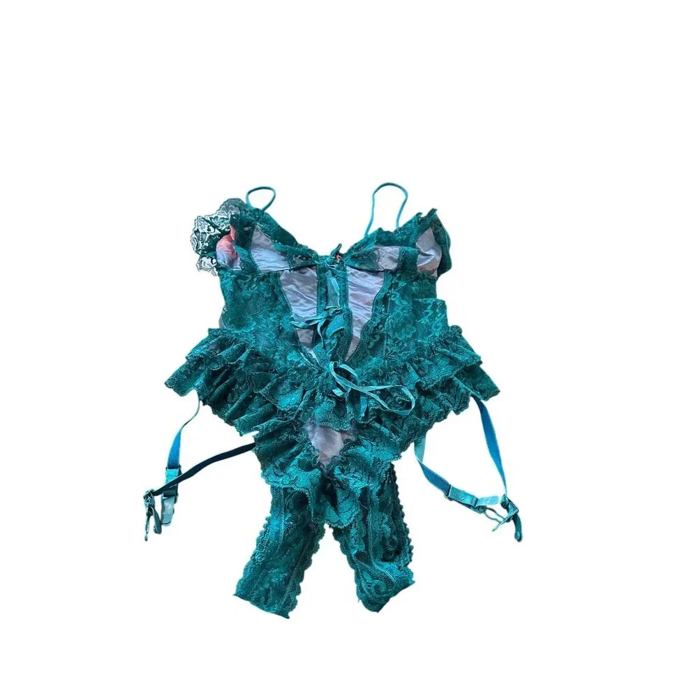 Frederick's of Hollywood Crotchless Lace Slit Bust Teddy Garters Sz L Lingerie - Picture 8 of 12